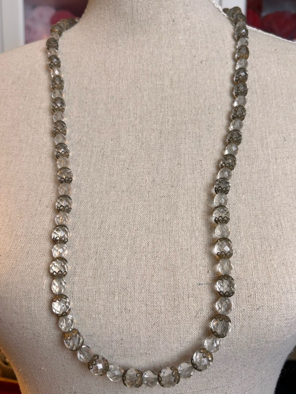 Vintage Clear Faceted Glass Necklace, Ornate Back Tassel Extender Art Deco Chic